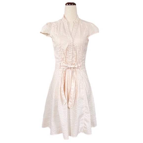 H&M Dresses & Skirts - H&M Pale Pink Seersucker Cap Sleeve Pin Tuck Front Belted Shirt Dress Size Small